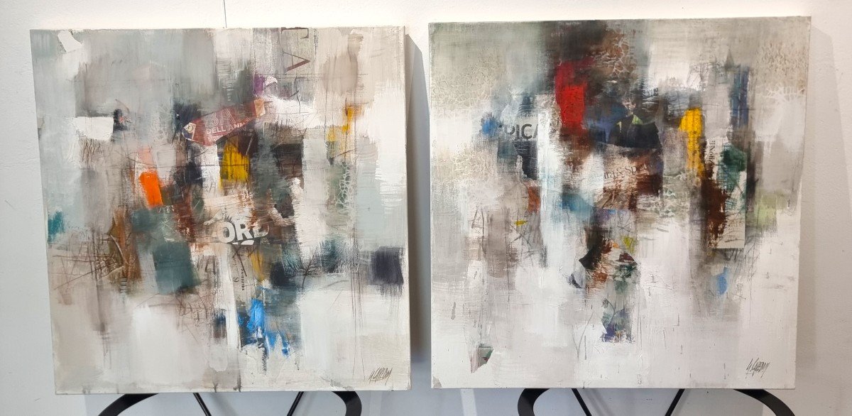 Masterful Pair Of Mixed Media Contemporary Art Canvases By Gianpietro Cavedon-photo-2