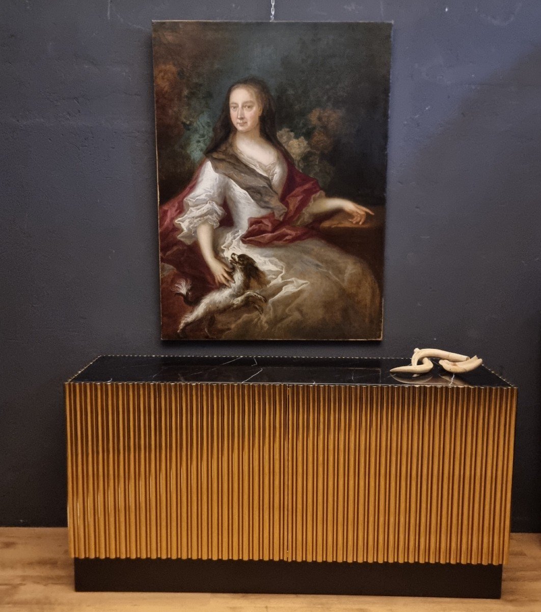 élégante Huile Sur Toile Dèbut 1800  : Dame Avec Petit Chien -photo-2