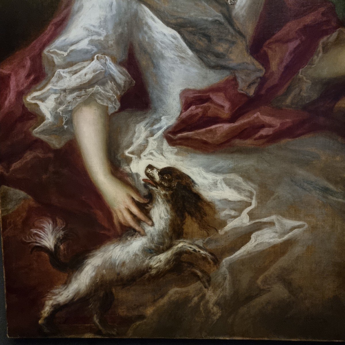 élégante Huile Sur Toile Dèbut 1800  : Dame Avec Petit Chien -photo-3