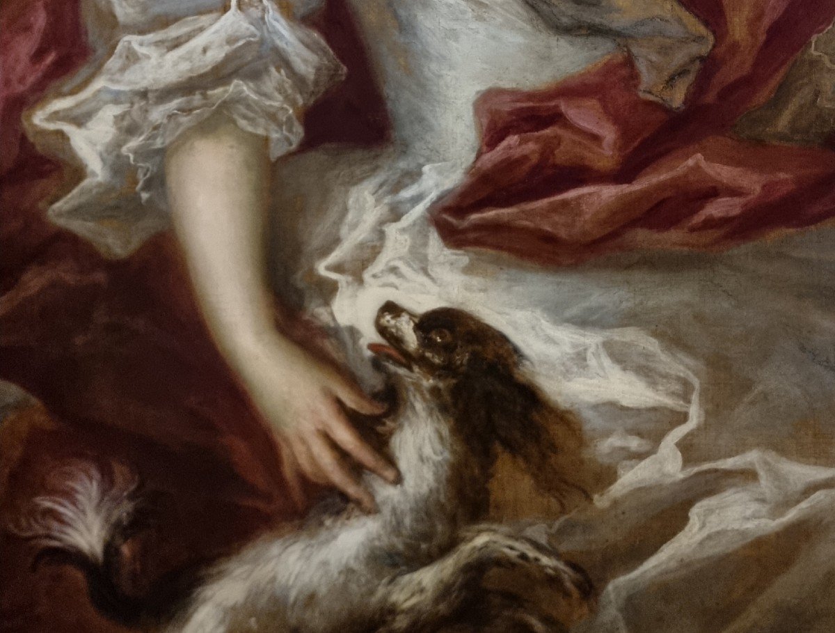 élégante Huile Sur Toile Dèbut 1800  : Dame Avec Petit Chien -photo-4