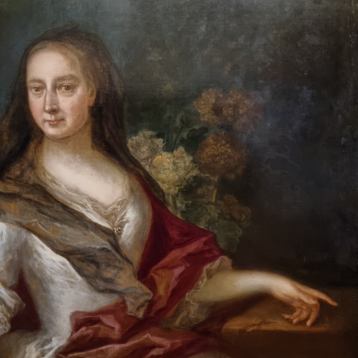 élégante Huile Sur Toile Dèbut 1800  : Dame Avec Petit Chien -photo-2