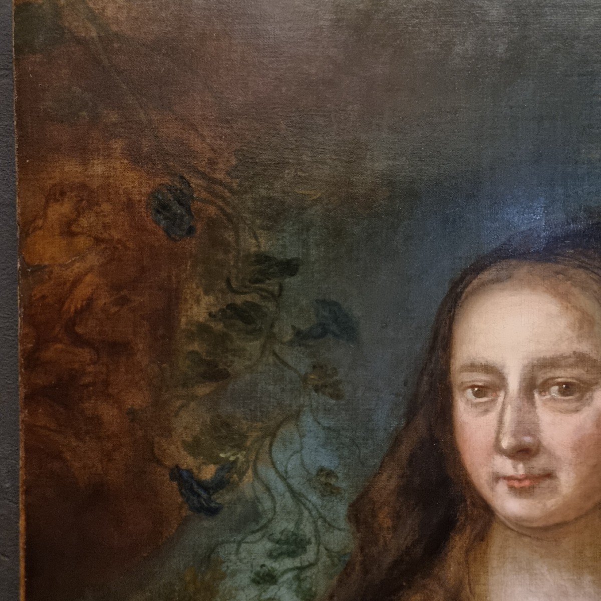 élégante Huile Sur Toile Dèbut 1800  : Dame Avec Petit Chien -photo-3