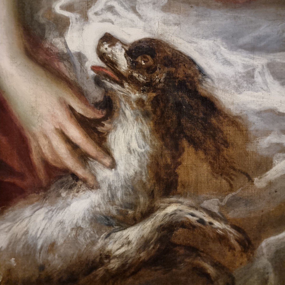 élégante Huile Sur Toile Dèbut 1800  : Dame Avec Petit Chien -photo-4