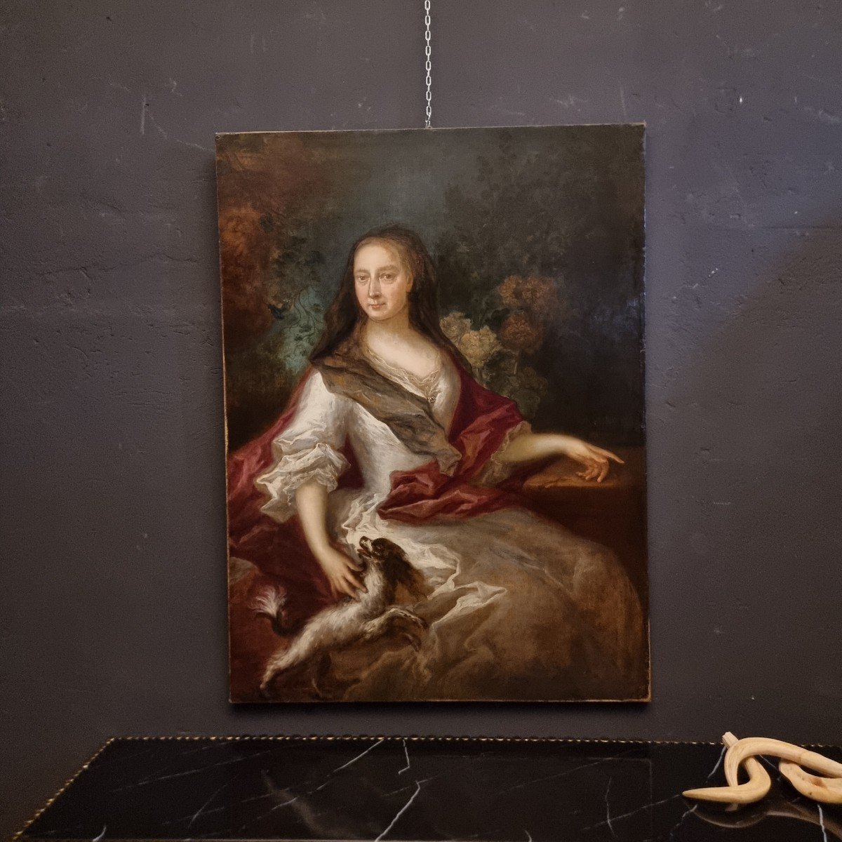 élégante Huile Sur Toile Dèbut 1800  : Dame Avec Petit Chien 
