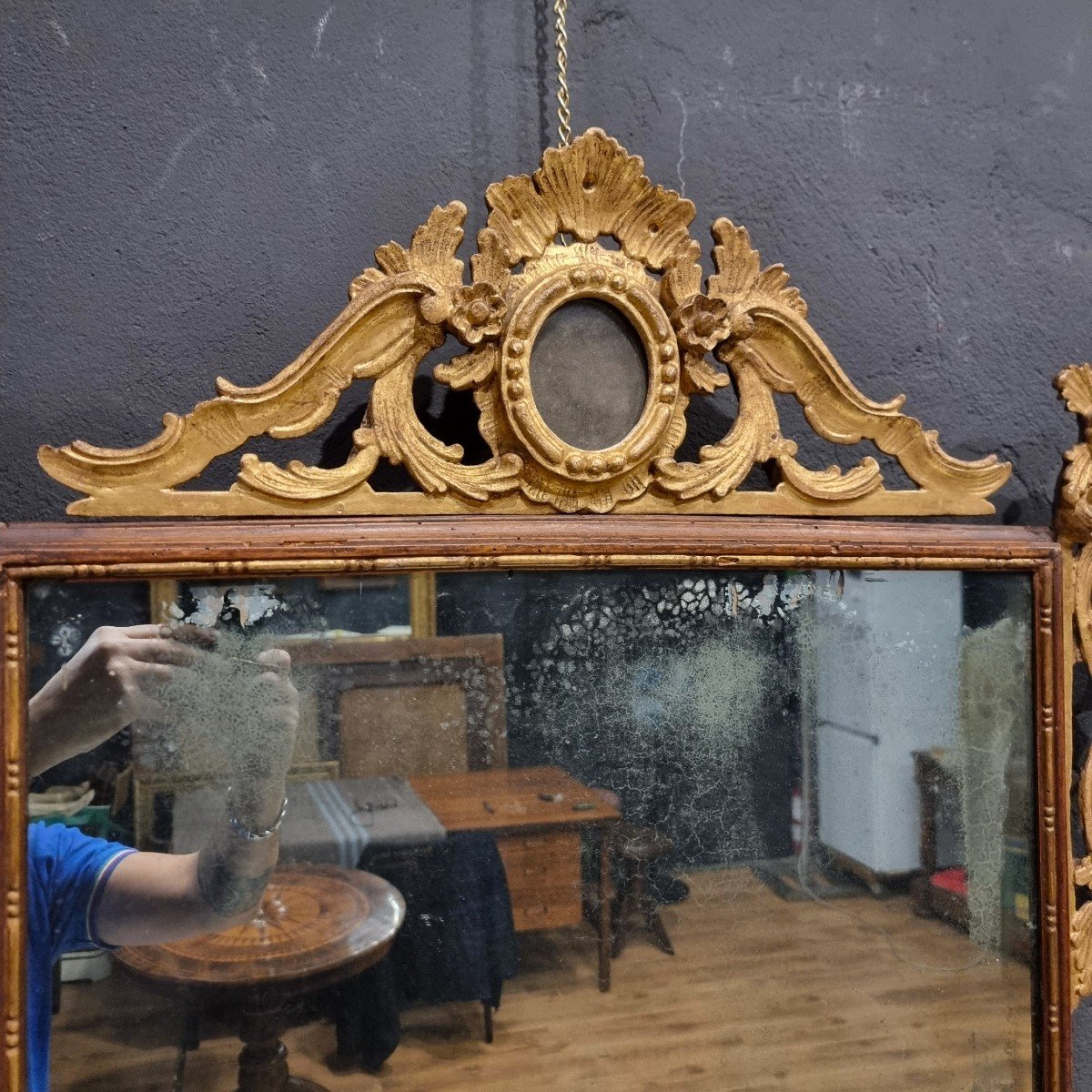 (2)cadre Miroir Du 18ème Siècle De Style Louis XVI Avec Cimier Doré De Venise-photo-1