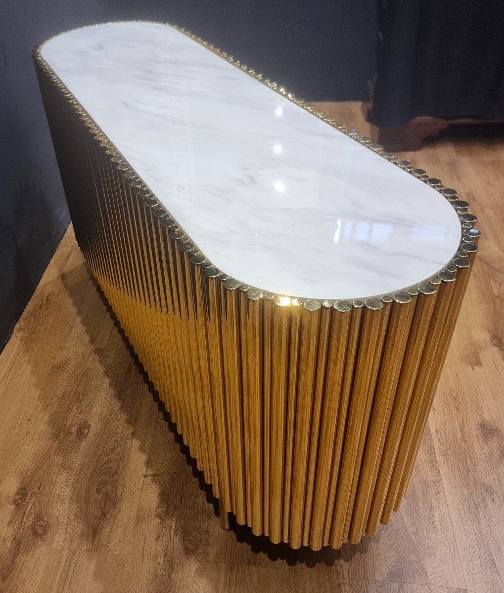 Buffet Vintage En Acier Doré Avec Plateau En Marbre-photo-2