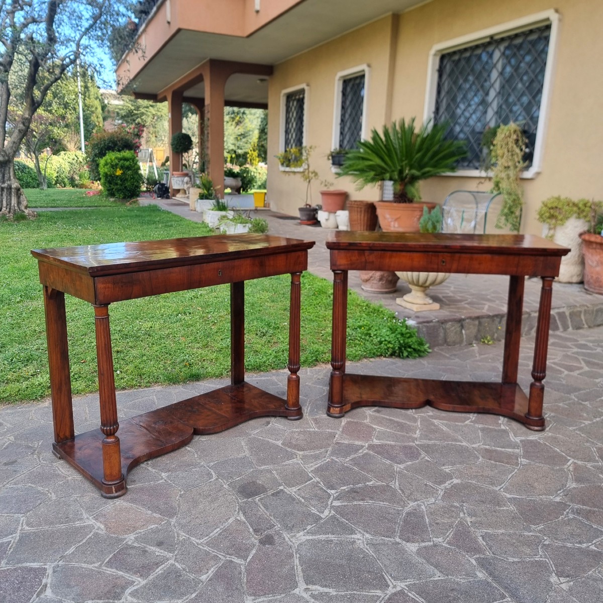 Pair Of Empire 1820 Consoles In Veneered Walnut