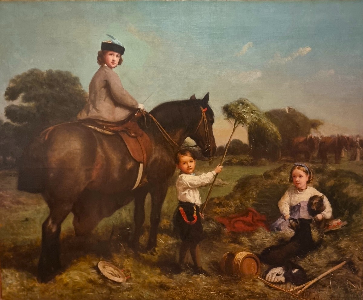 Huile sur toile Paysage avec dame à cheval et enfants de Charles James (1851-1906)-photo-2