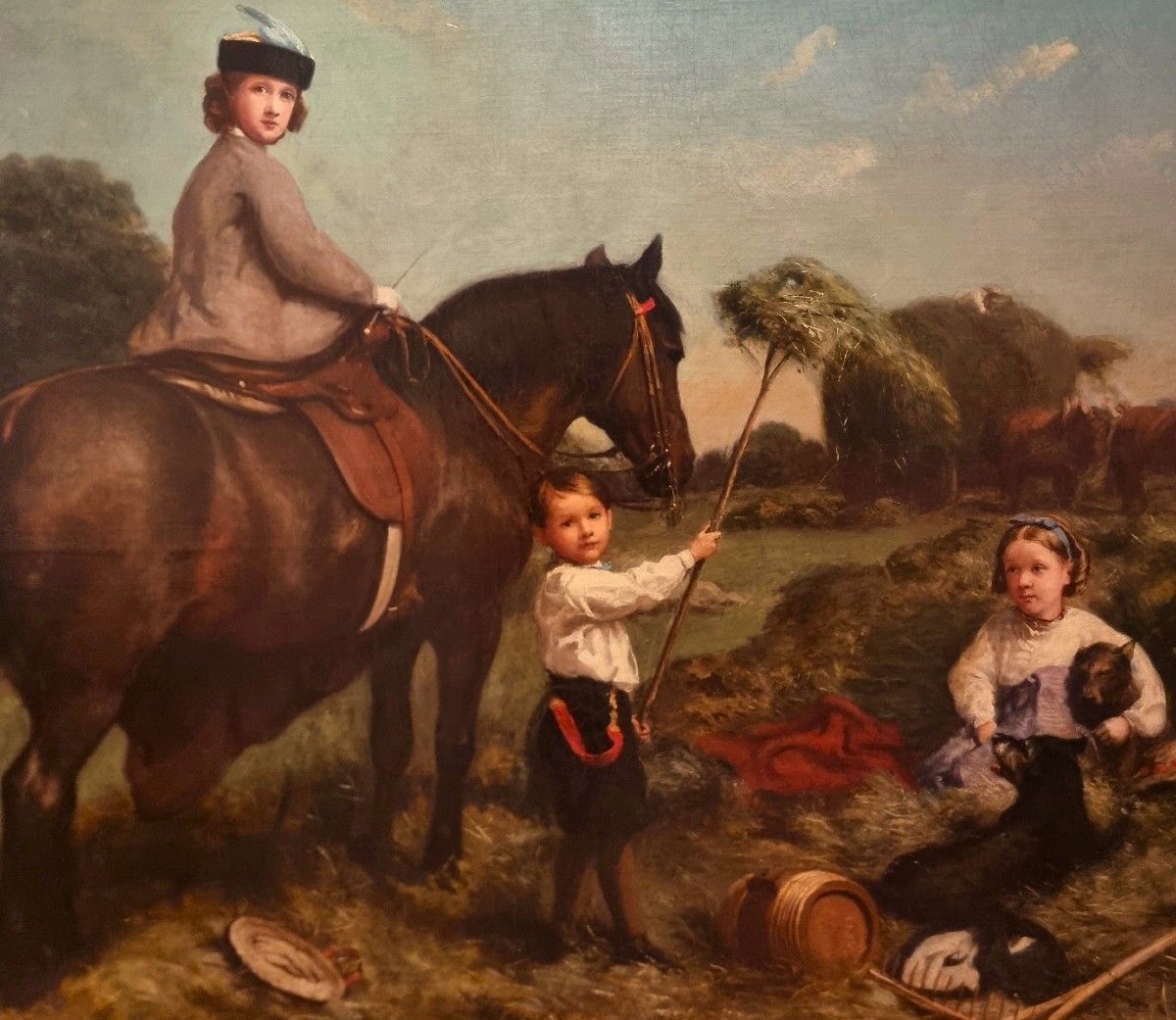 Huile sur toile Paysage avec dame à cheval et enfants de Charles James (1851-1906)-photo-3