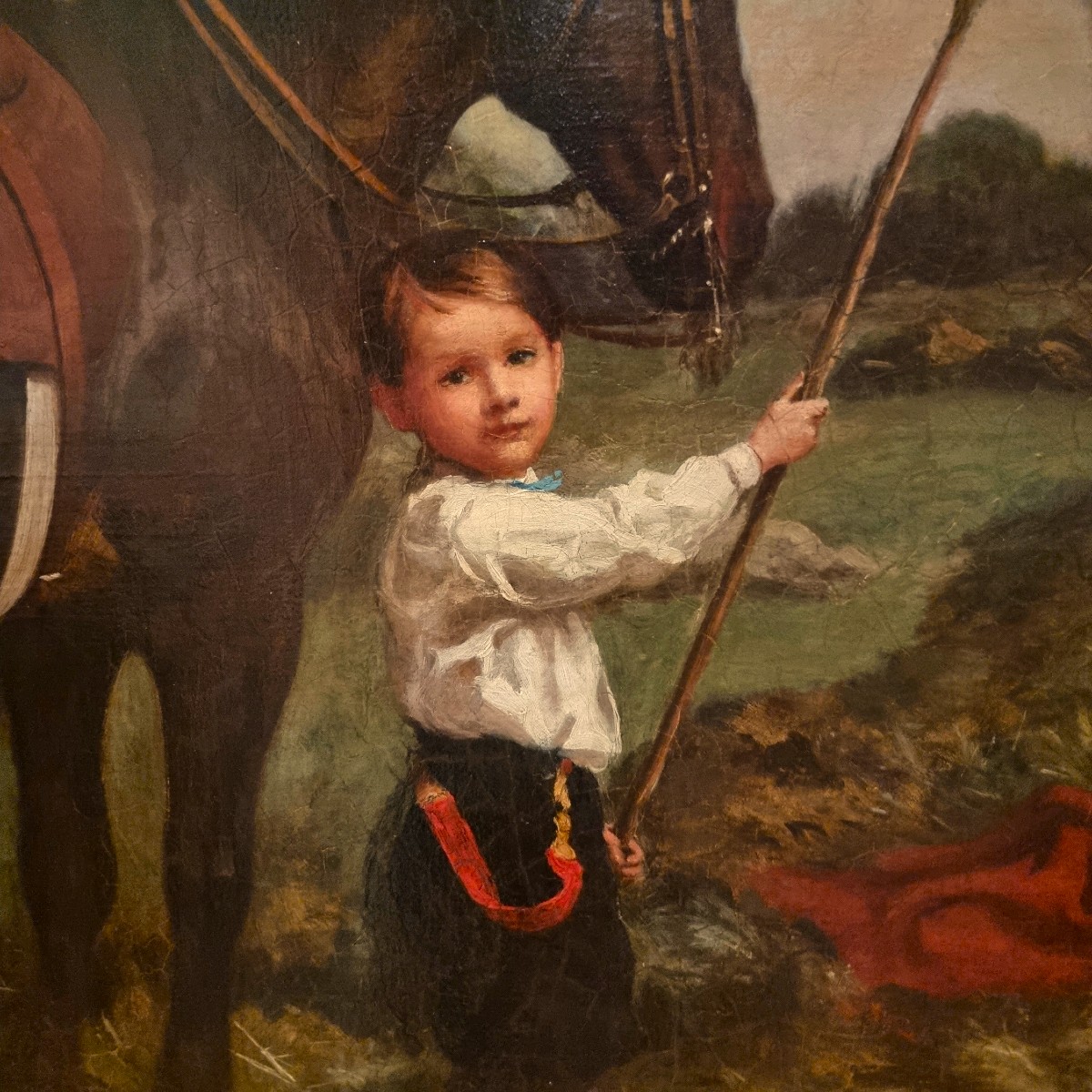Huile sur toile Paysage avec dame à cheval et enfants de Charles James (1851-1906)-photo-1