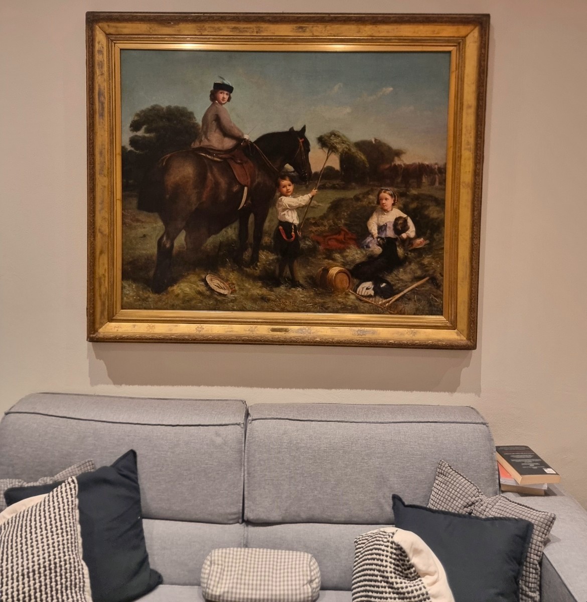 Huile sur toile Paysage avec dame à cheval et enfants de Charles James (1851-1906)-photo-5