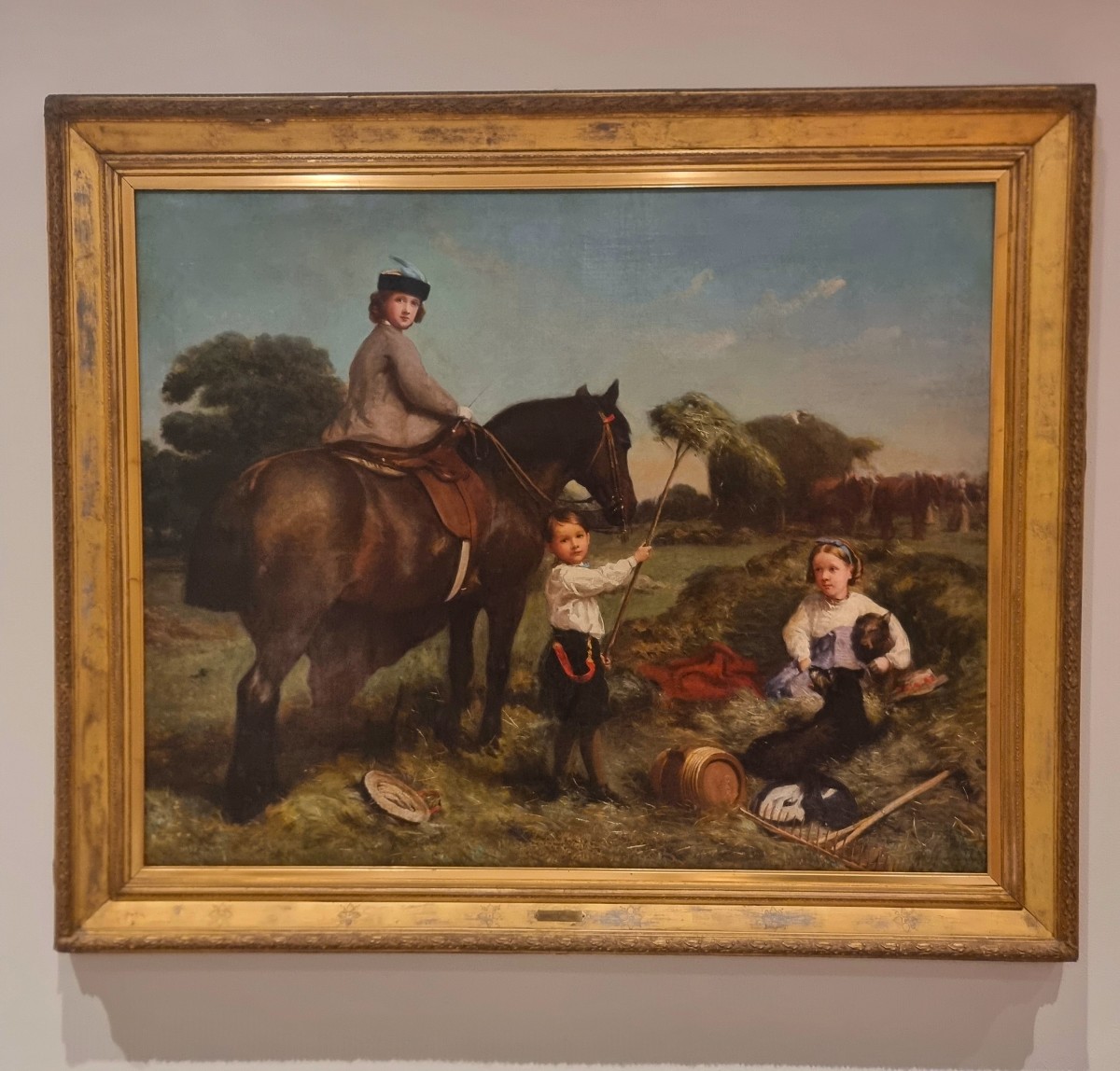 Huile sur toile Paysage avec dame à cheval et enfants de Charles James (1851-1906)