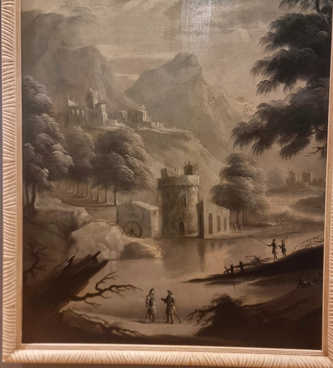 Italian Landscape In Grisaille – 18th Century Oil On Wooden Panel-photo-2