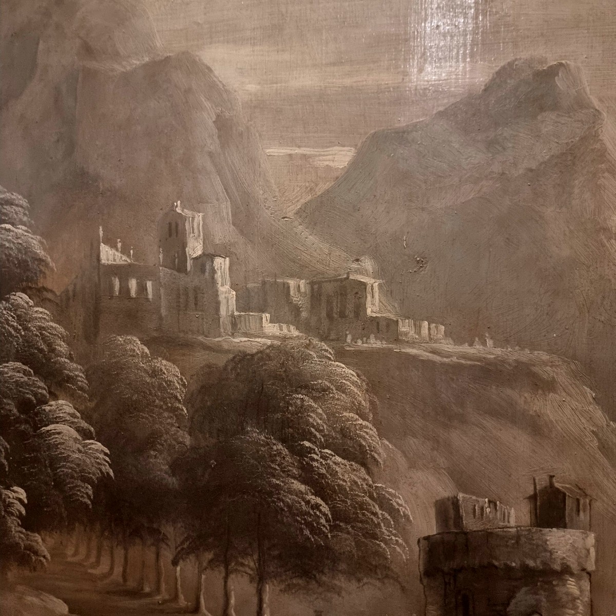 Italian Landscape In Grisaille – 18th Century Oil On Wooden Panel-photo-7