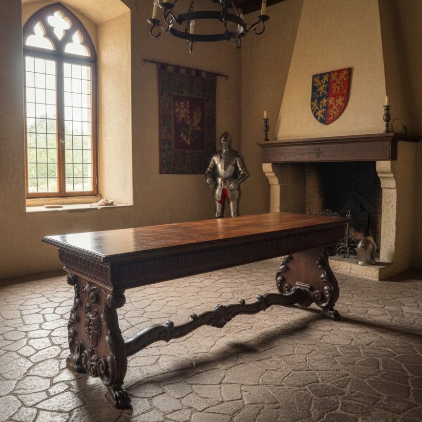 Table de réfectoire éclectique en noyer – XIXe siècle