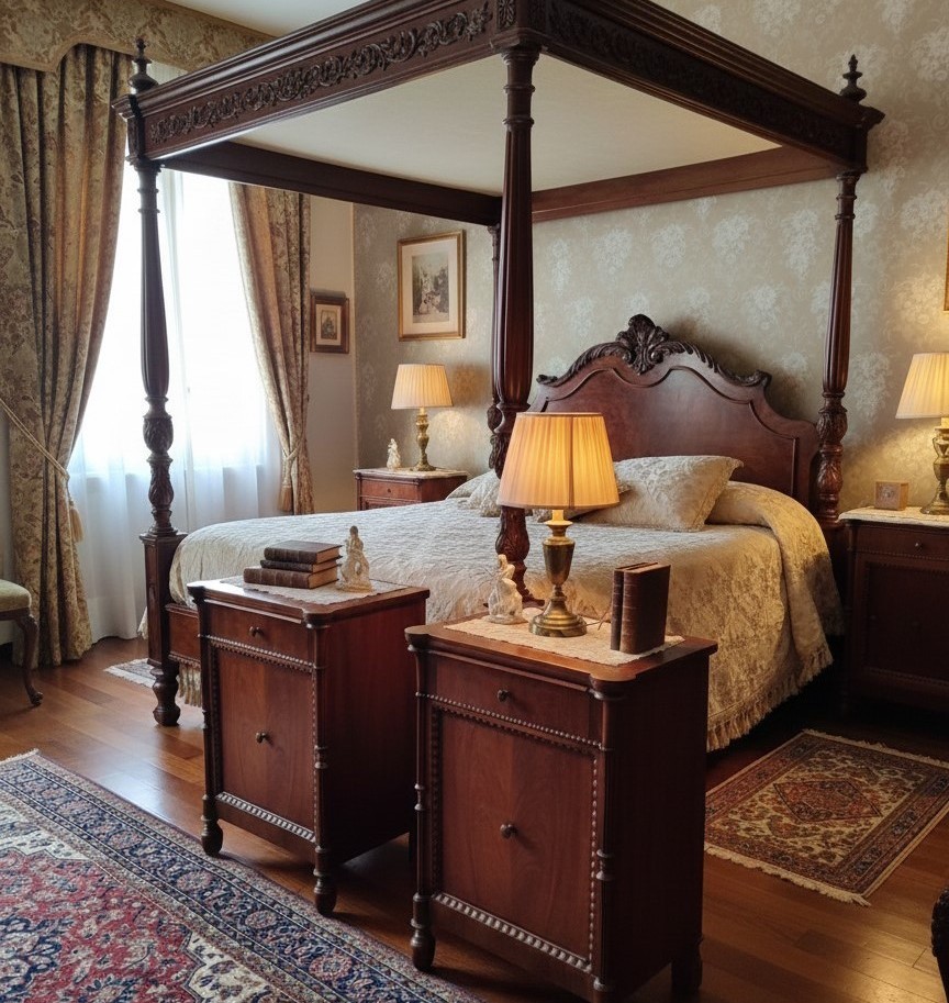 Paire de Tables de Nuit Lombardes du XIXe siècle en Noyer – Élégance Authentique d’Époque-photo-2