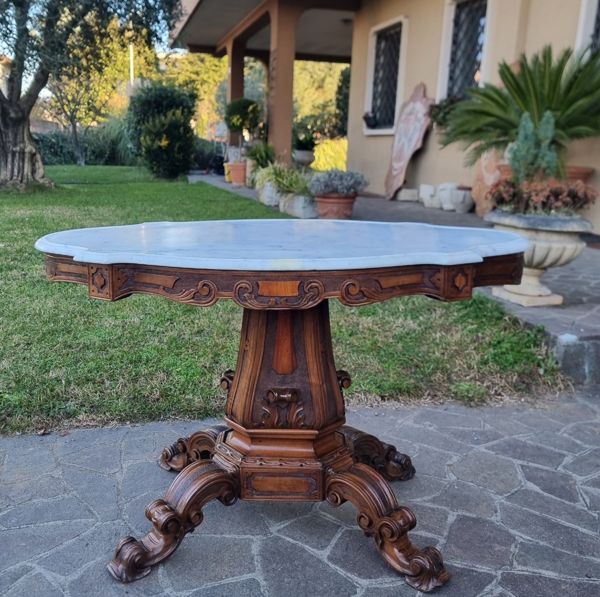 Table « à biscuit » en noyer du XIXe siècle avec marbre de Carrare-photo-5