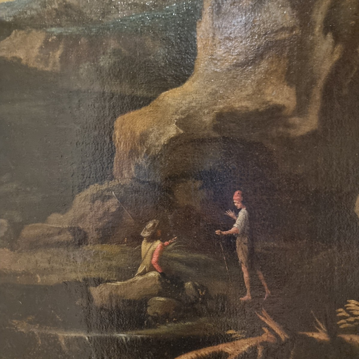 1 Huile sur toile XVIIe siècle paysage avec personnages entourage de Salvator Rosa 1615-1673-photo-3