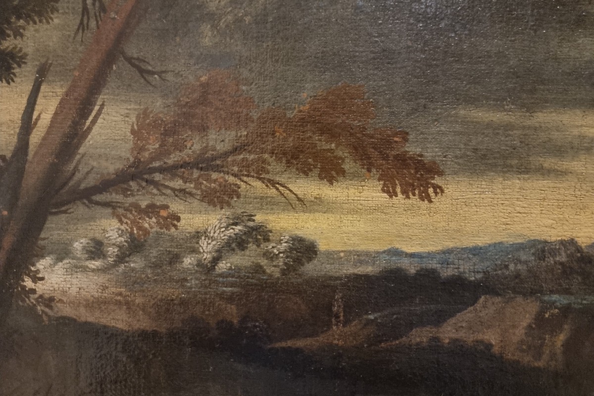 1 Huile sur toile XVIIe siècle paysage avec personnages entourage de Salvator Rosa 1615-1673-photo-4