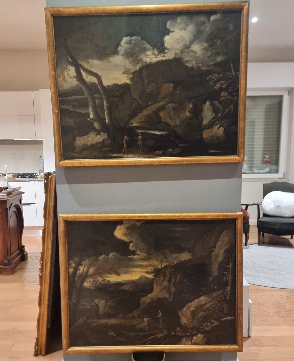 1 Huile sur toile XVIIe siècle paysage avec personnages entourage de Salvator Rosa 1615-1673-photo-5