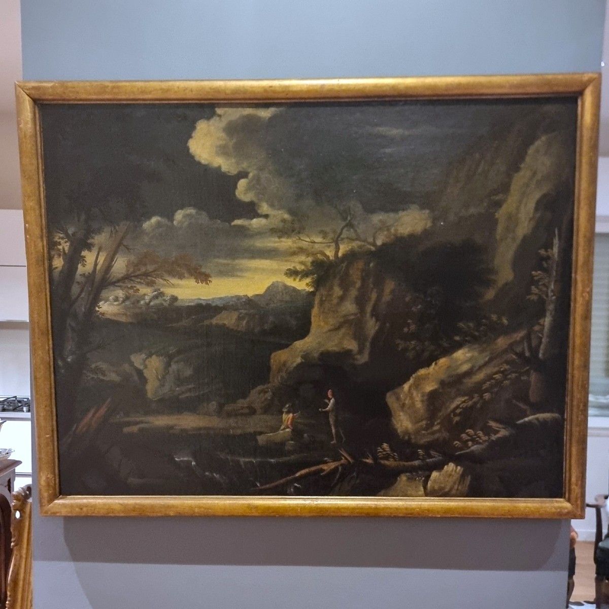 1 Huile sur toile XVIIe siècle paysage avec personnages entourage de Salvator Rosa 1615-1673