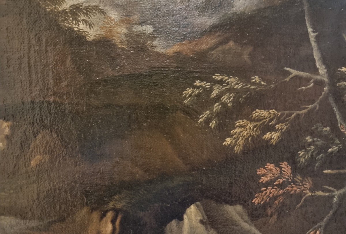 2 Huiles sur toile XVIIe siècle paysages avec personnages entourage de Salvator Rosa 1615-1673-photo-4