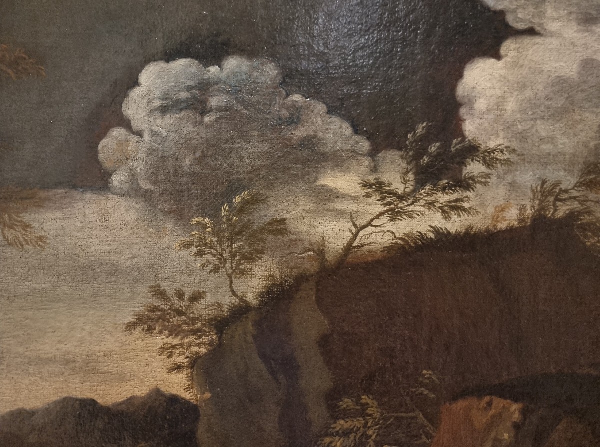 2 Huiles sur toile XVIIe siècle paysages avec personnages entourage de Salvator Rosa 1615-1673-photo-1