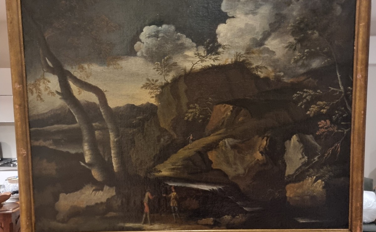 2 Huiles sur toile XVIIe siècle paysages avec personnages entourage de Salvator Rosa 1615-1673-photo-2