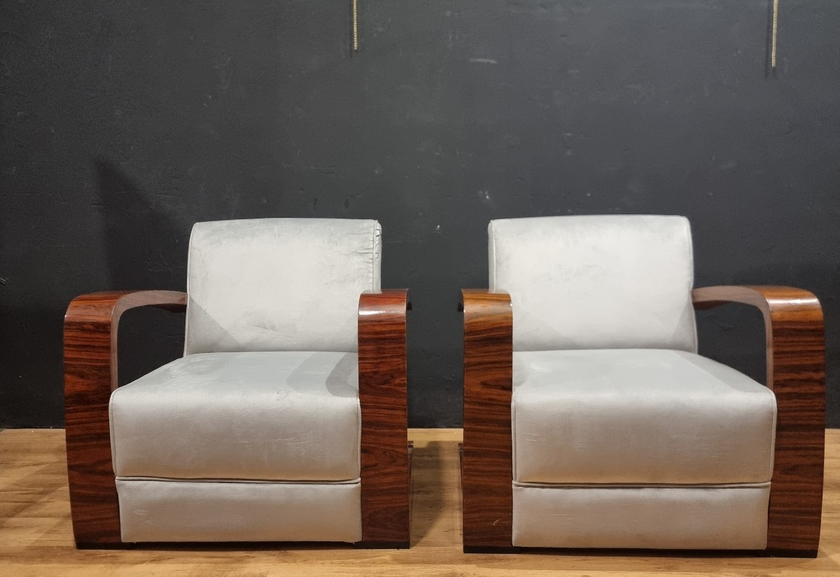 Paire de fauteuils de style vintage Art Déco accoudoirs en noyer canaletto-photo-2