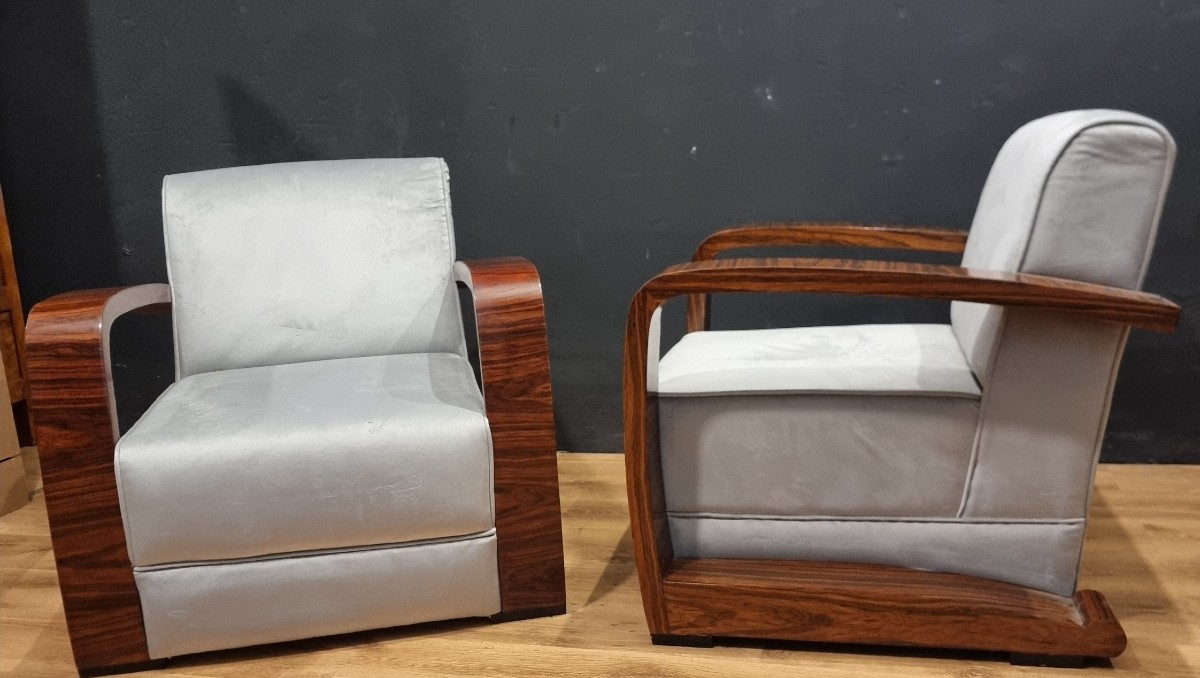 Paire de fauteuils de style vintage Art Déco accoudoirs en noyer canaletto-photo-3