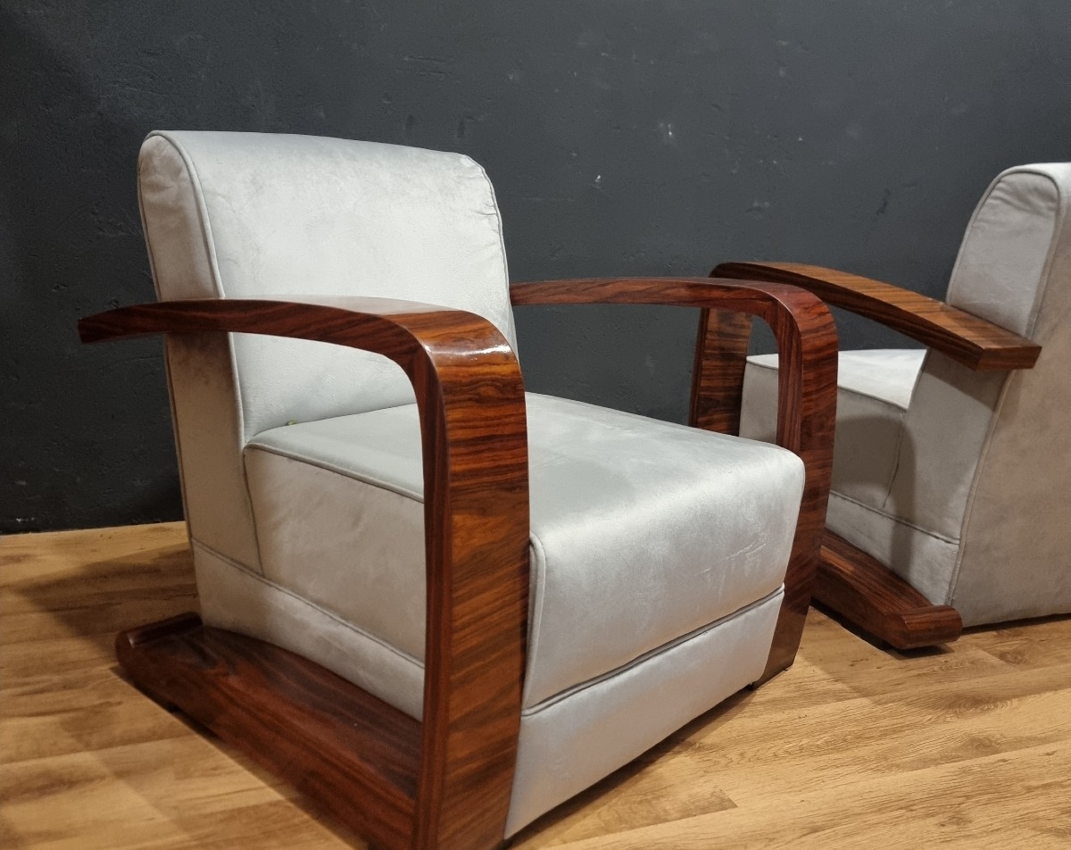 Paire de fauteuils de style vintage Art Déco accoudoirs en noyer canaletto-photo-4
