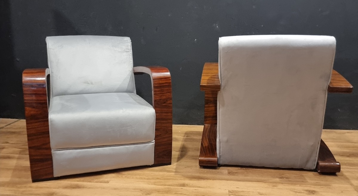 Paire de fauteuils de style vintage Art Déco accoudoirs en noyer canaletto-photo-1