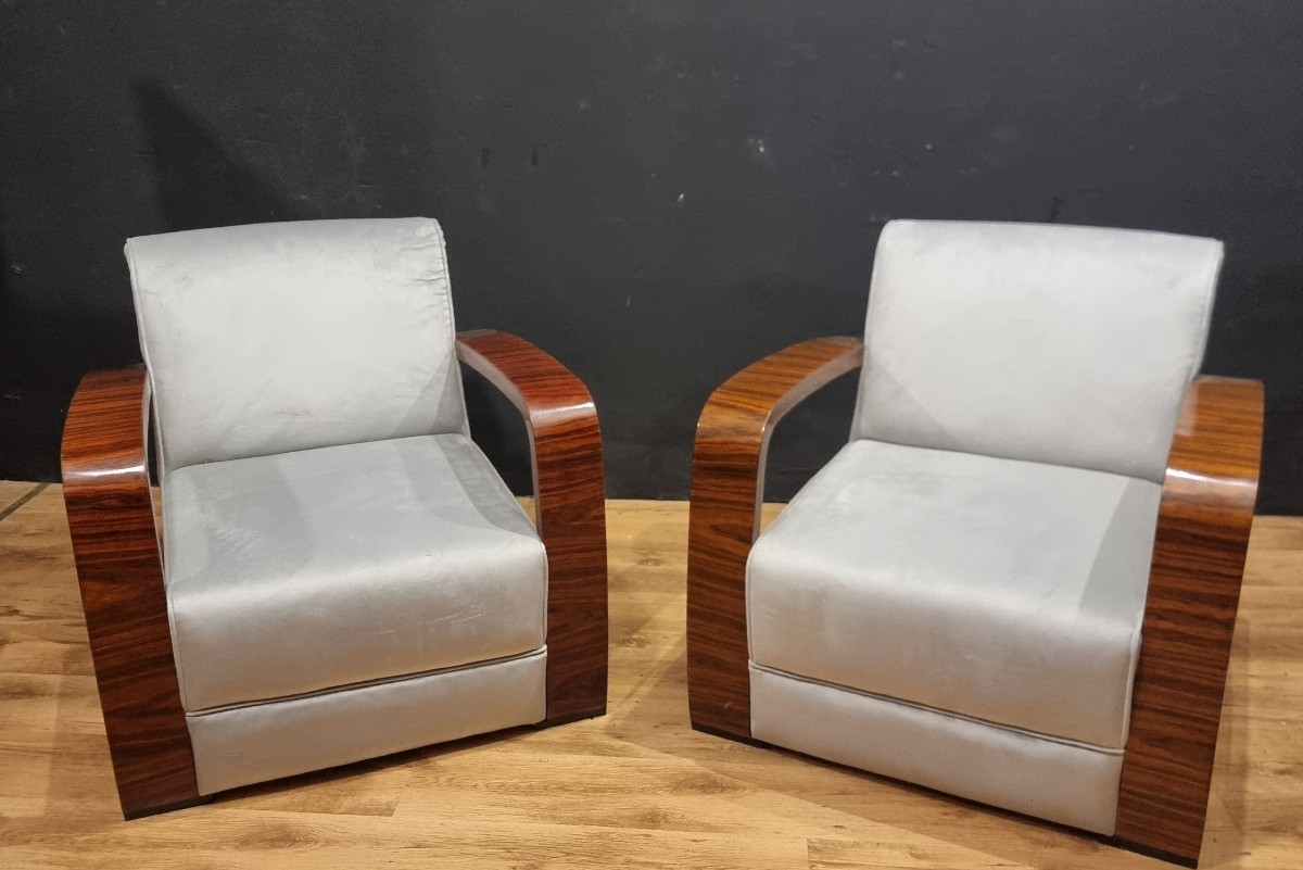 Paire de fauteuils de style vintage Art Déco accoudoirs en noyer canaletto-photo-3