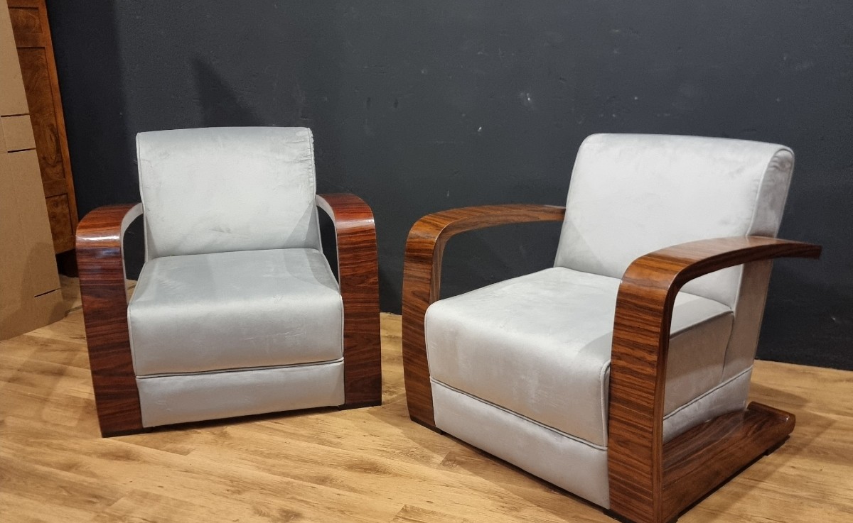 Paire de fauteuils de style vintage Art Déco accoudoirs en noyer canaletto-photo-5