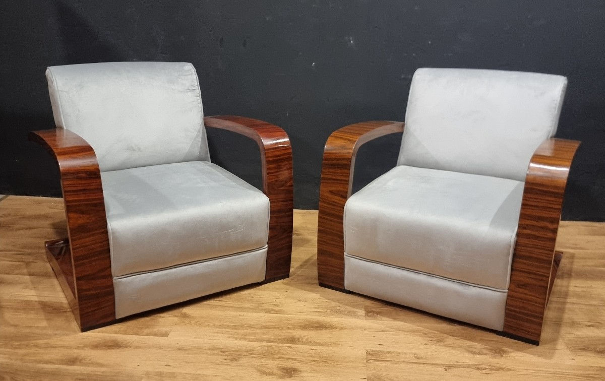 Paire de fauteuils de style vintage Art Déco accoudoirs en noyer canaletto-photo-6