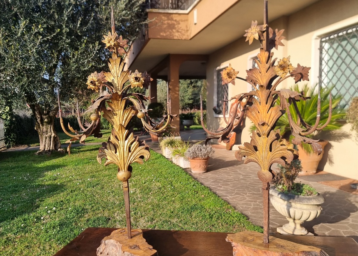 Paire de candélabres du XIXe siècle en tôle dorée-photo-4