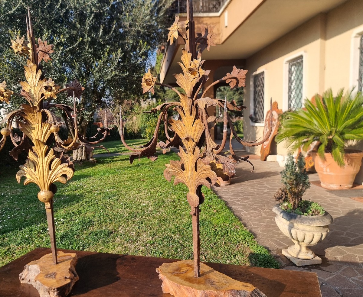Paire de candélabres du XIXe siècle en tôle dorée-photo-2