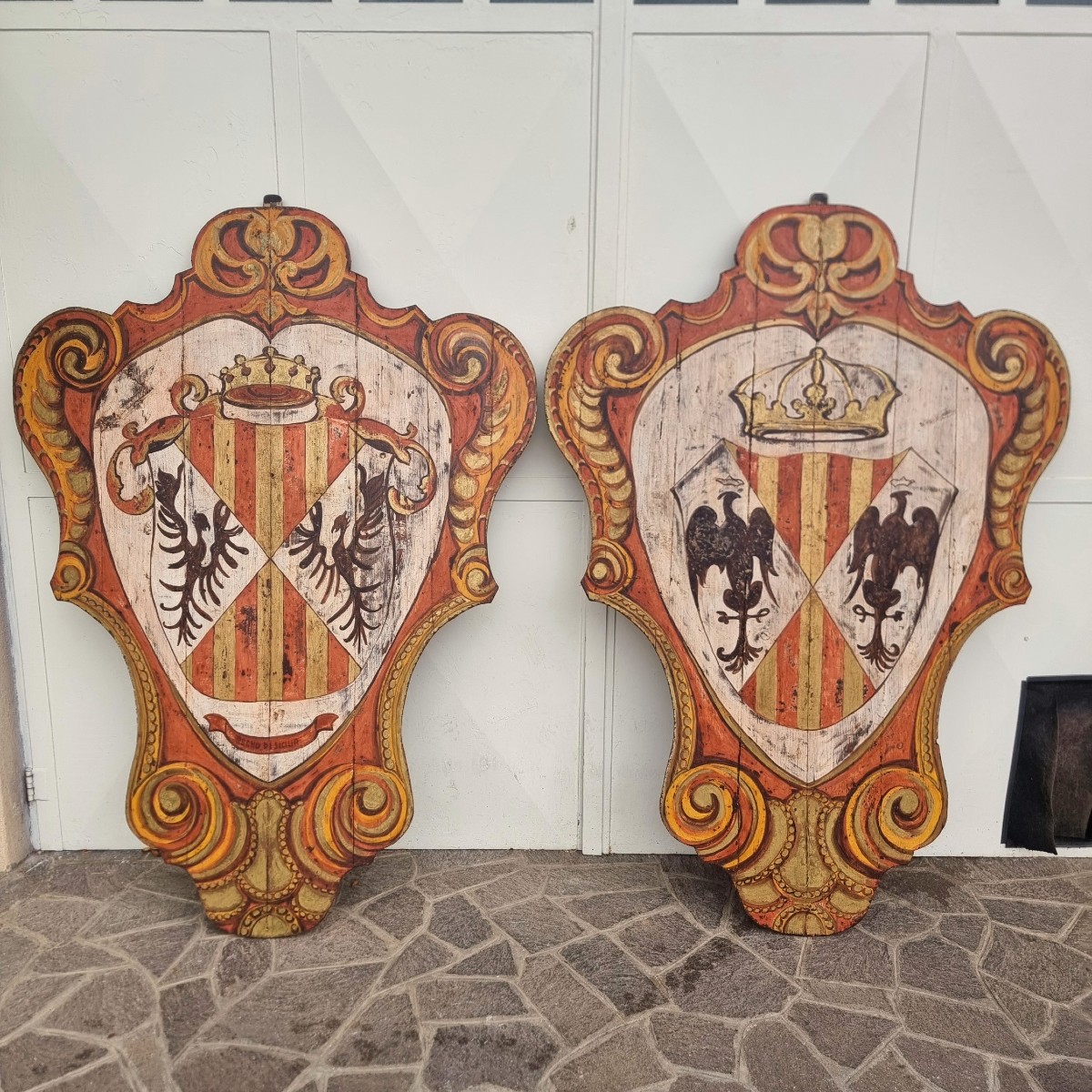 Pair Of Painted Noble Wooden Shields From The 20th Century