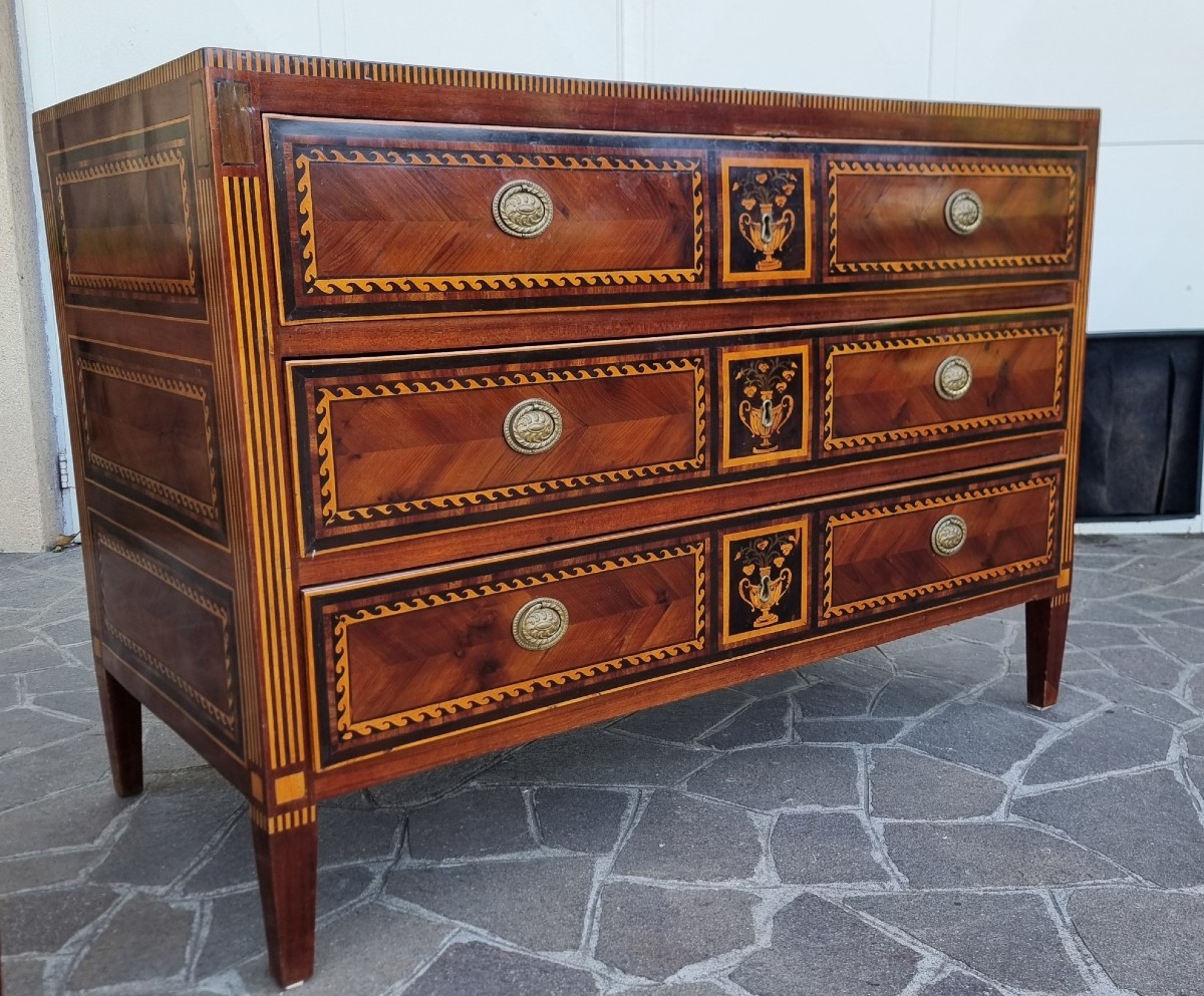Paire de commodes du XVIIIe siècle Directoire Napolitain noyer érable amarante et bois de rose-photo-1