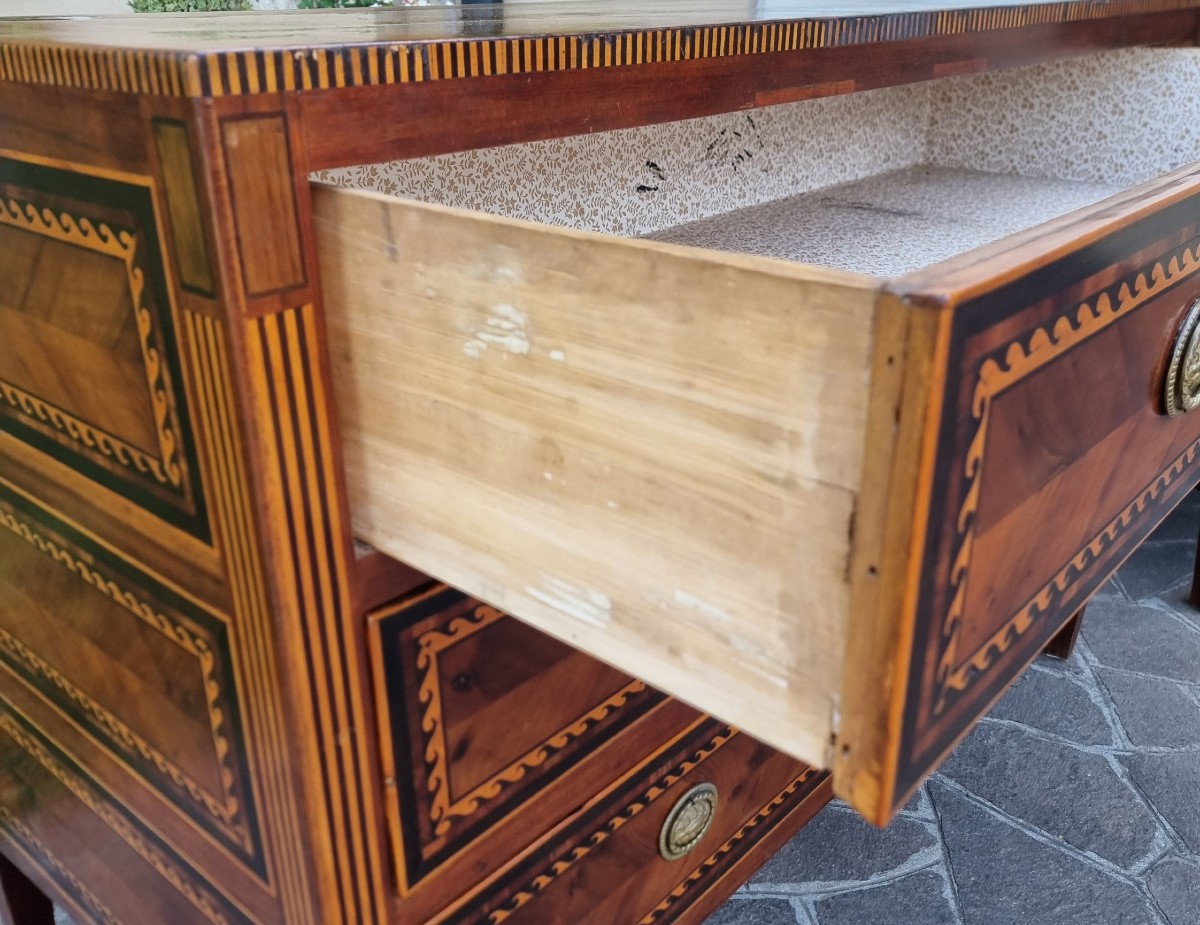 Paire de commodes du XVIIIe siècle Directoire Napolitain noyer érable amarante et bois de rose-photo-3