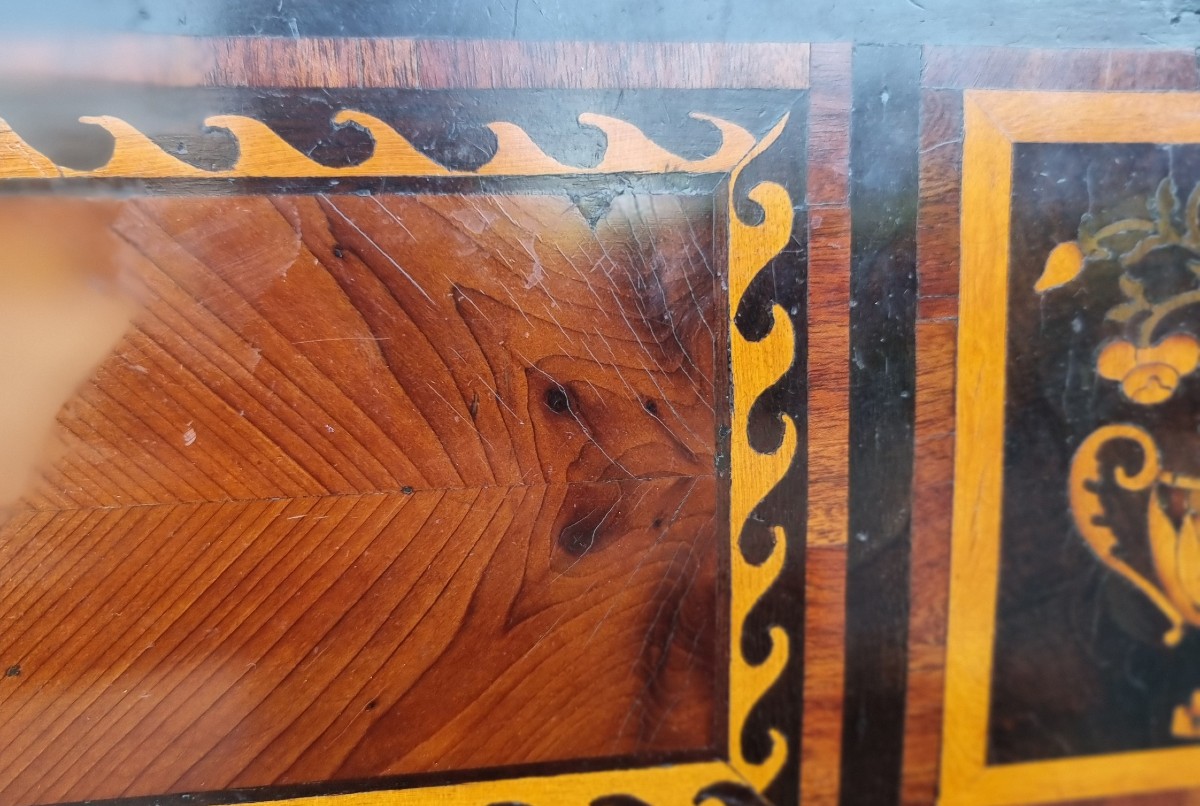 Paire de commodes du XVIIIe siècle Directoire Napolitain noyer érable amarante et bois de rose-photo-5