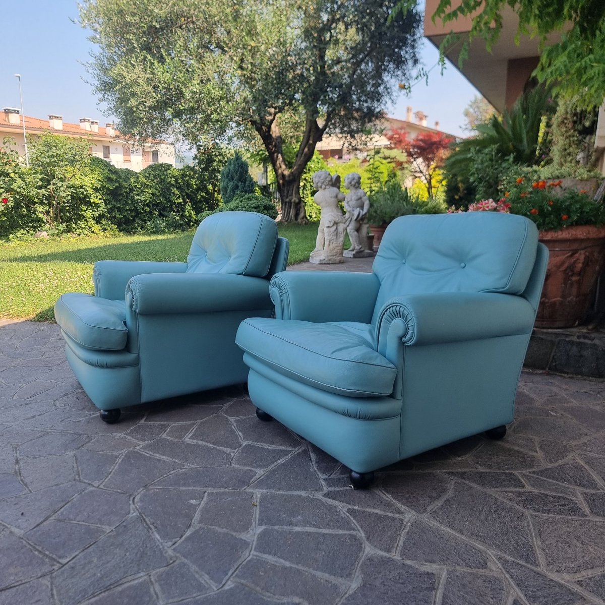 Paire de fauteuils bleus en cuir Frau 1970-photo-3