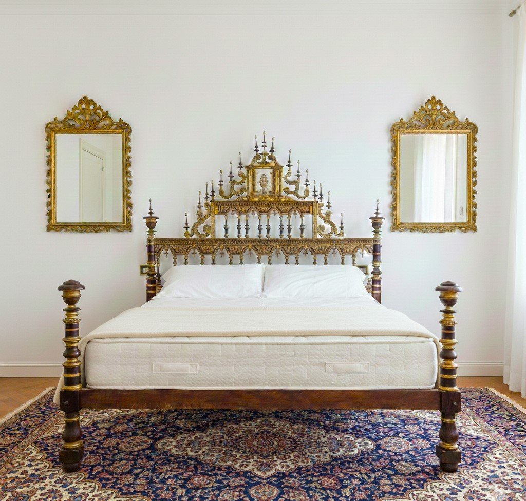 17th-century Walnut Bed With Gilding And A Small Sardinian Altar