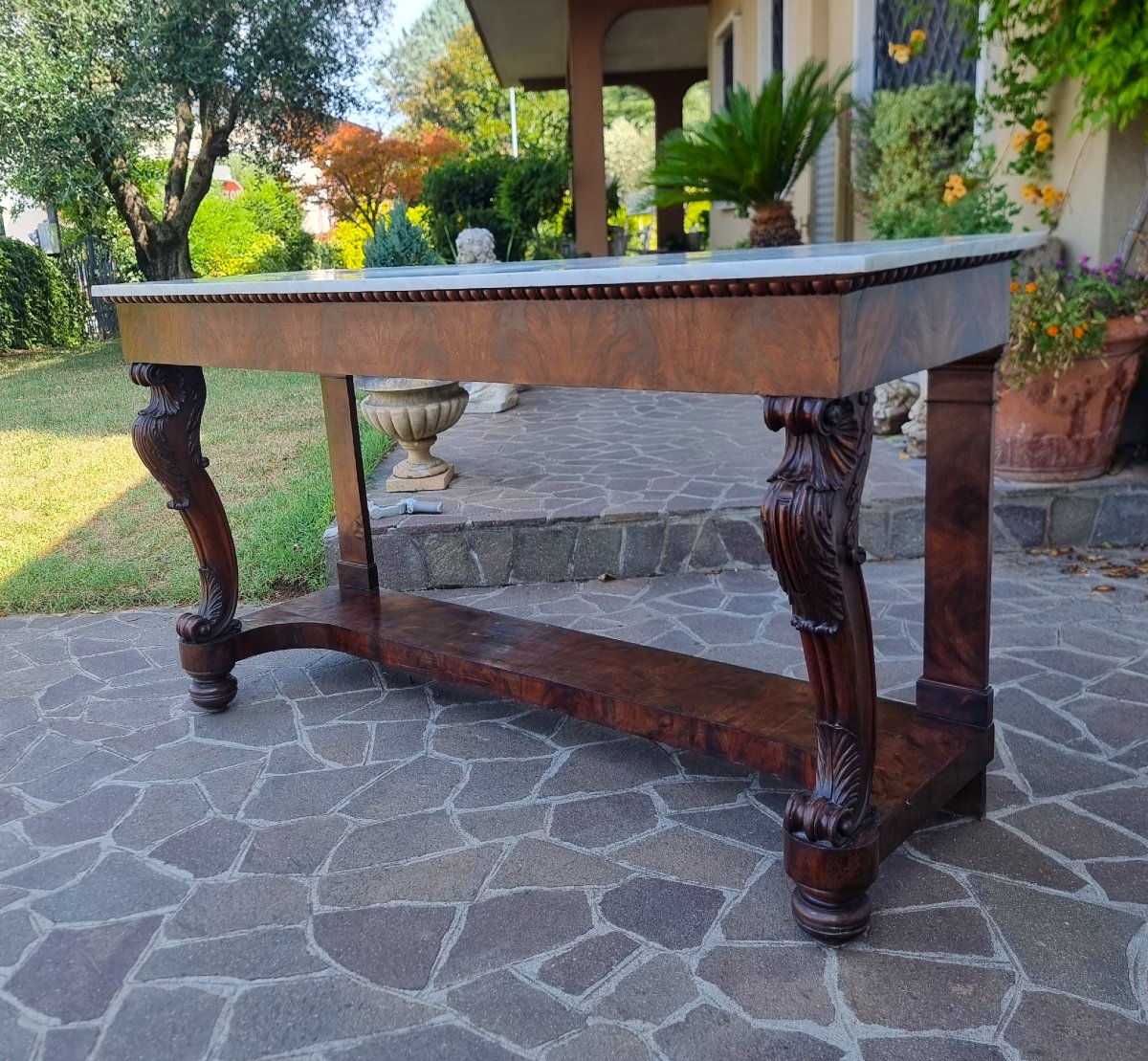 Grand console 1820 en acajou avec plateau en marbre de Carrare-photo-2
