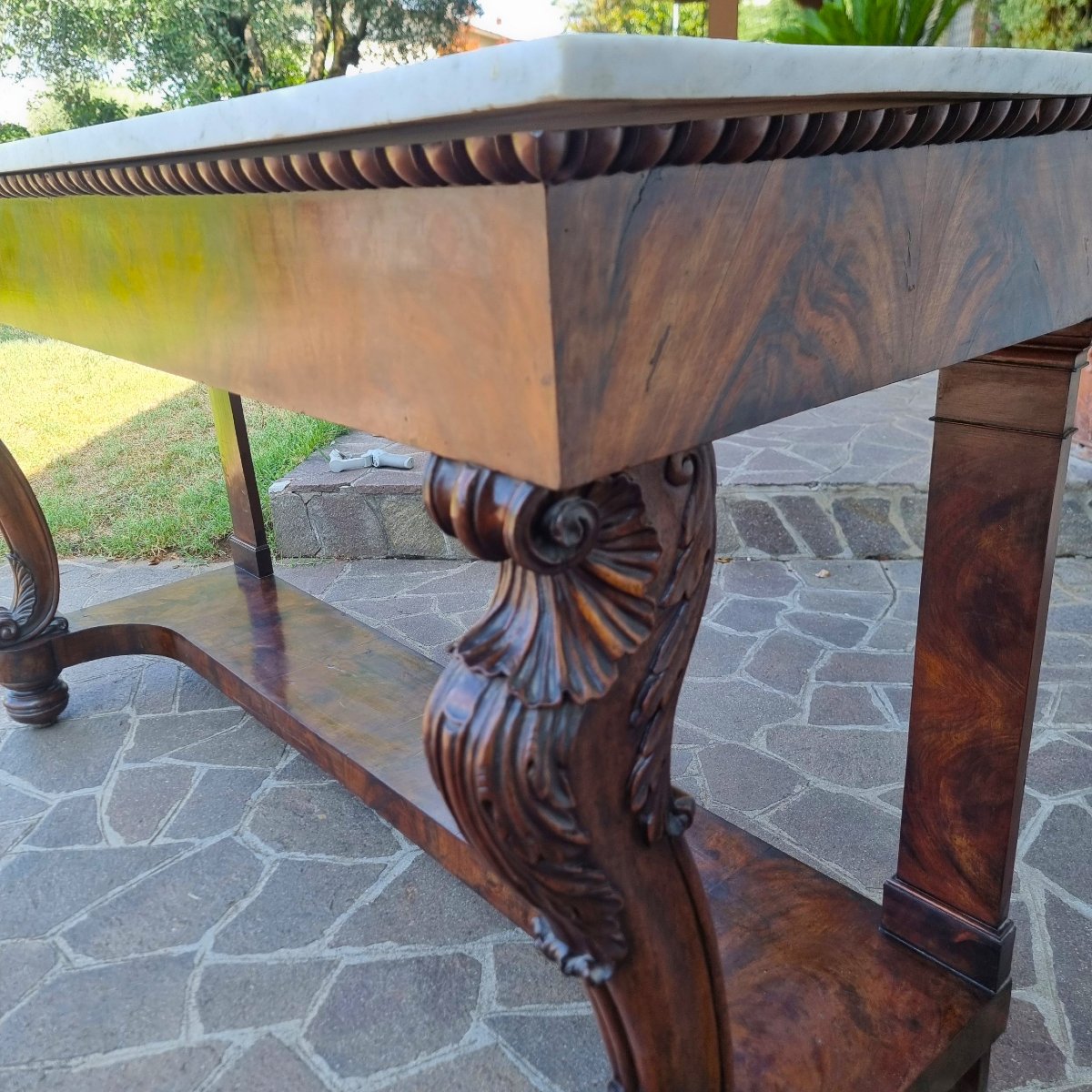 Grand console 1820 en acajou avec plateau en marbre de Carrare-photo-4