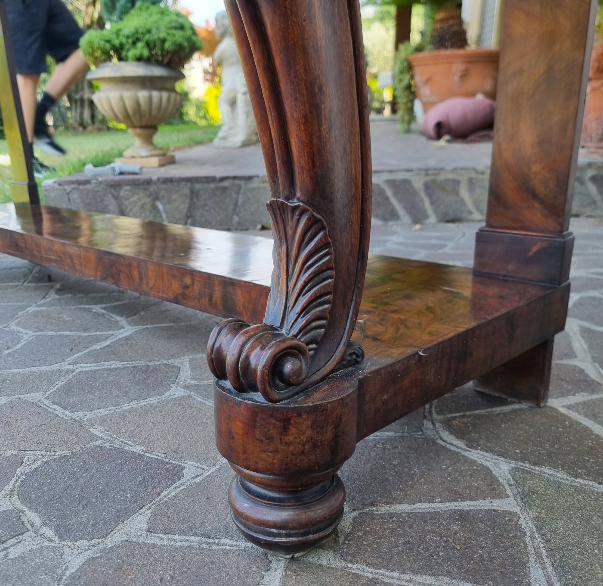 Grand console 1820 en acajou avec plateau en marbre de Carrare-photo-1