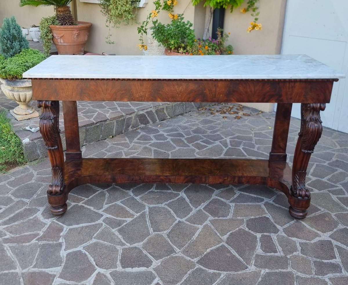 Grand console 1820 en acajou avec plateau en marbre de Carrare-photo-3