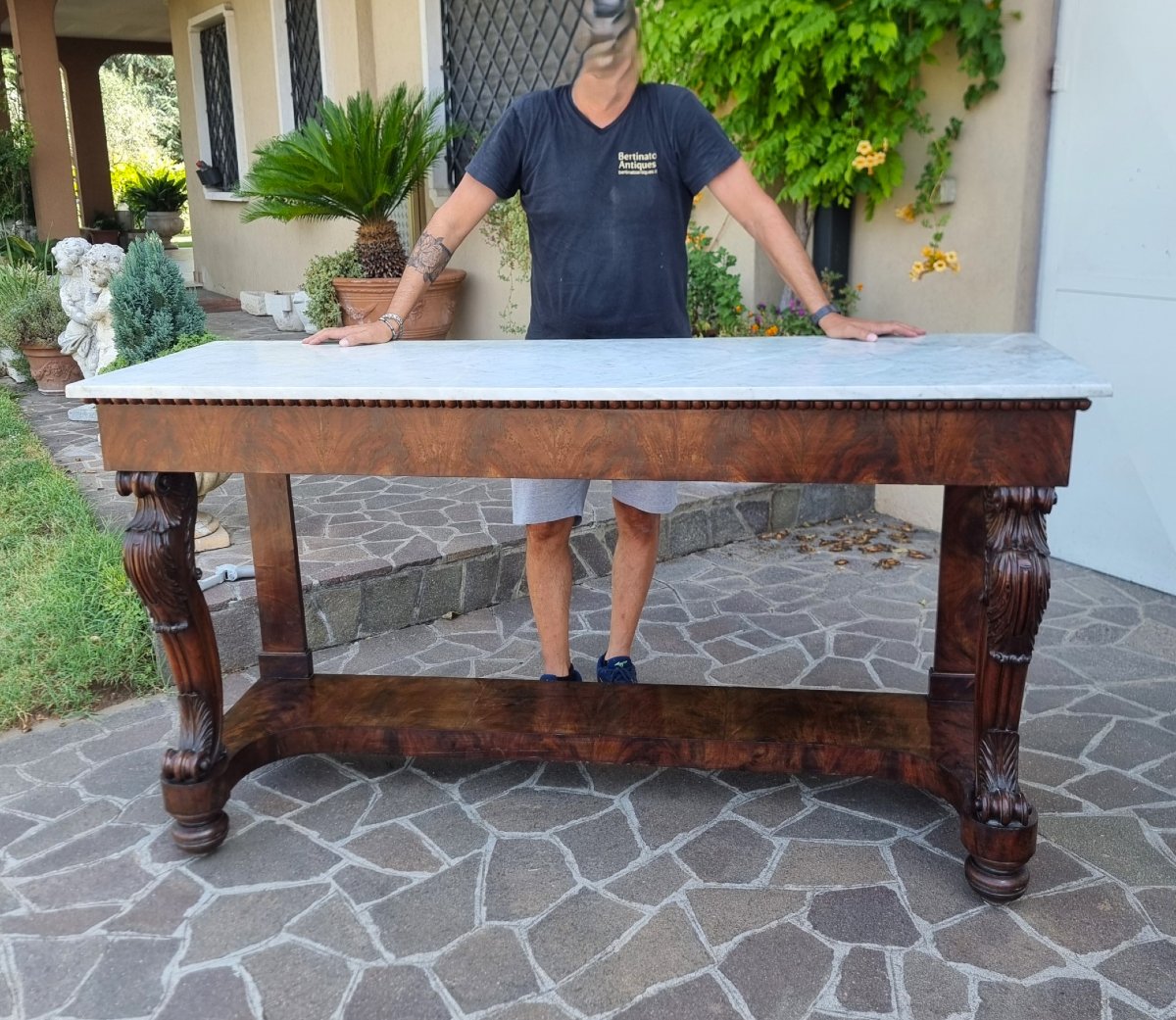 Grand console 1820 en acajou avec plateau en marbre de Carrare-photo-4