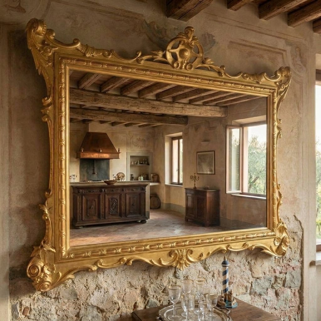 Miroir en bois de 1850 feuille d'or provenant d'une ancienne villa toscane-photo-2