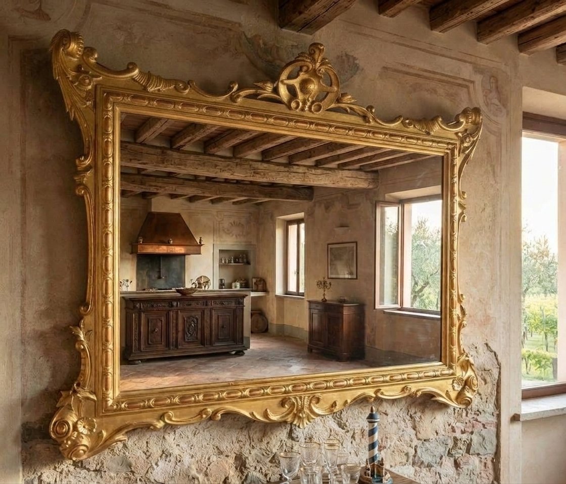 Miroir en bois de 1850 feuille d'or provenant d'une ancienne villa toscane